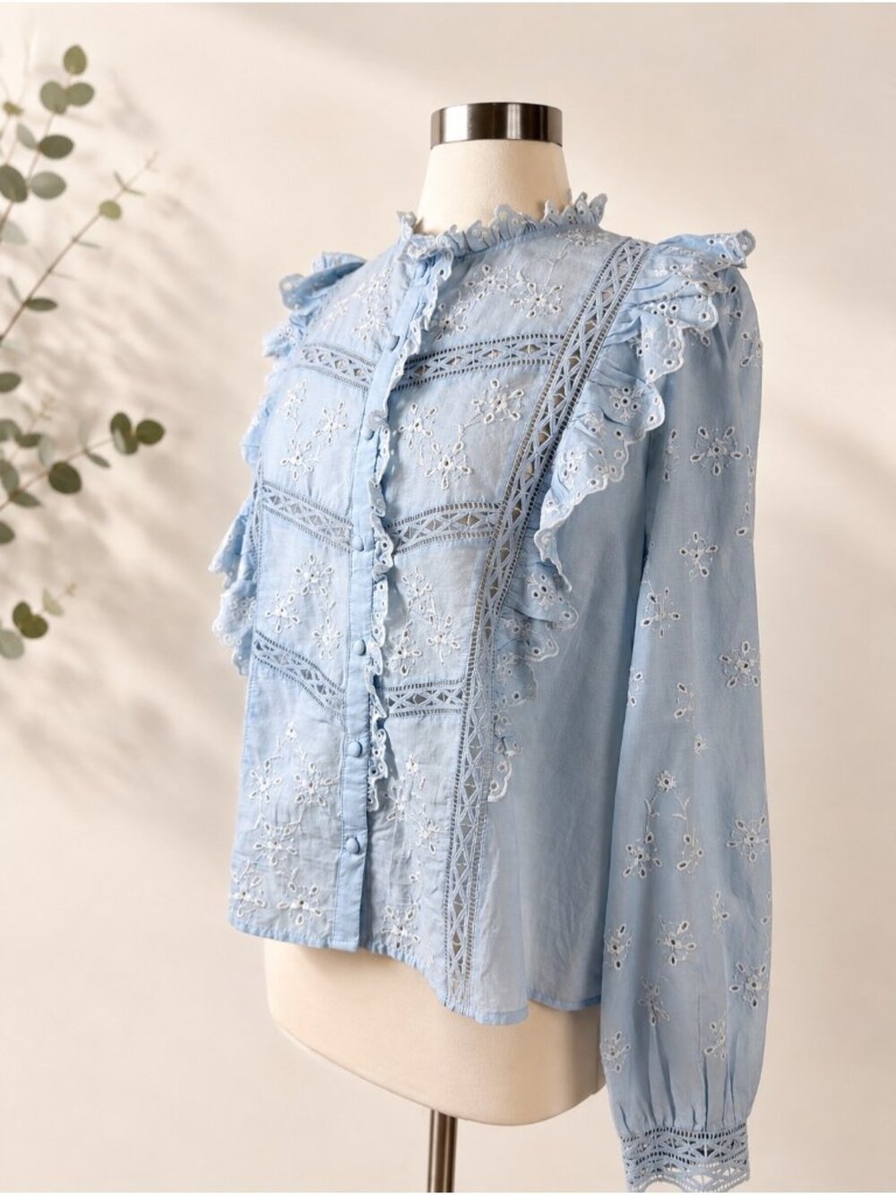 Sézane Irma Shirt Light Blue Ecru Embroidered Ruffle Blouse Size FR 46/ US 14 - Picture 4 of 16